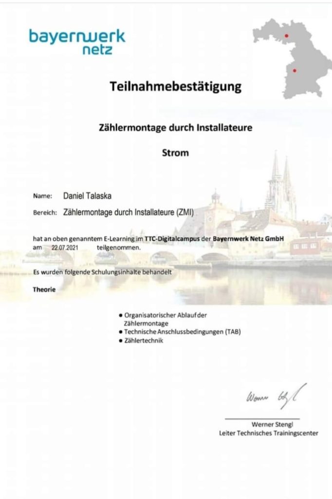 Teilnahmebestätigung zur Zählermontage