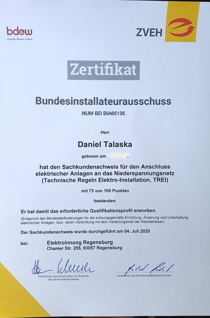 TREI-Zertifikat von Daniel Talaska – Technische Regeln Elektro-Installation